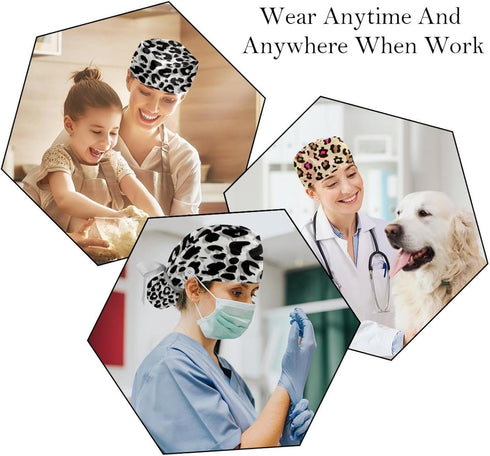 2 Packs Leopard Unisex Scrub Caps Surgical Women with Button Adjustable Hats Surgical Caps for Women...