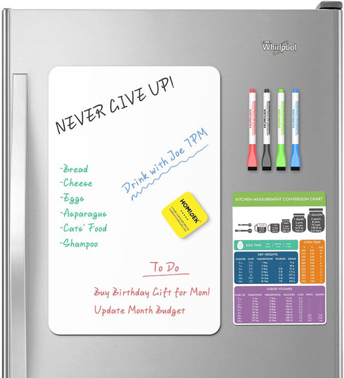 Magnetic Dry Erase Board Whiteboard for Fridge: Small Magnetic White Board for Refrigerator with Kitchen Conversion Chart Magnet, 4 Markers, 1 Era...
