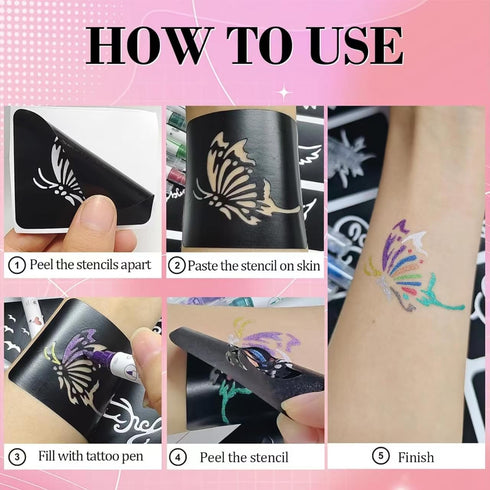 Temporary Tattoo Markers for Skin, 10 Body Markers + 200pcs Tattoo Stencils for Kids Teens and Adults, Dual-End Tattoo Pens Make Bold and Fine Lin...