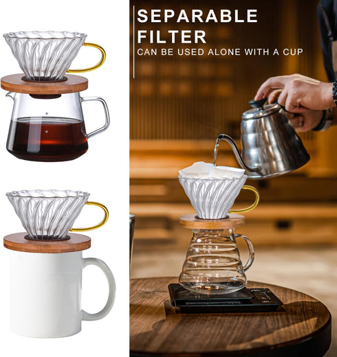 Gute Glass Coffee Dripper/Filter - Cone Glass Pour Over Coffee Dripper with Bamboo Stand & Handle, 1-4 Cups Drip Coffee Maker Funnel Accessories f...