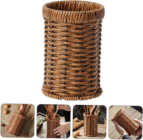 Imitation Rattan Chopstick Holder Rattan Silverware Utensil Drying Rack Silverware Dryer Rack Wicker Pencil Brush Cup Woven Utensil Holder Flatwar...