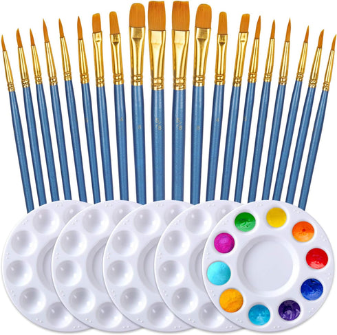 Paint Brushes Palettes Set by DUGATO, 2 Packs/20pcs Round Pointed Tip Nylon Hair Brushes with 5 Paint Trays for Acrylic Watercolor Oil Gouache Tem...