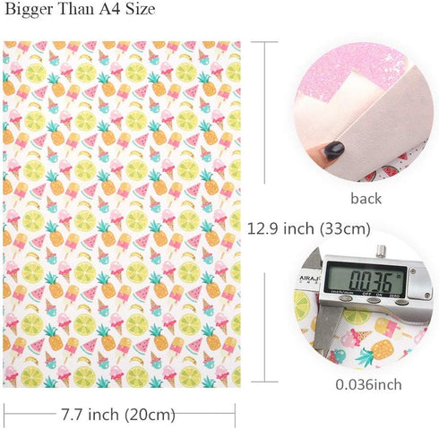 Summer Fruits Faux Leather Sheet Glitter Synthetic Leather Fabric Assorted 5 Pcs 7.7" x 12.9" (20 cm x 33 cm) for Hair Bows Headbands Making...