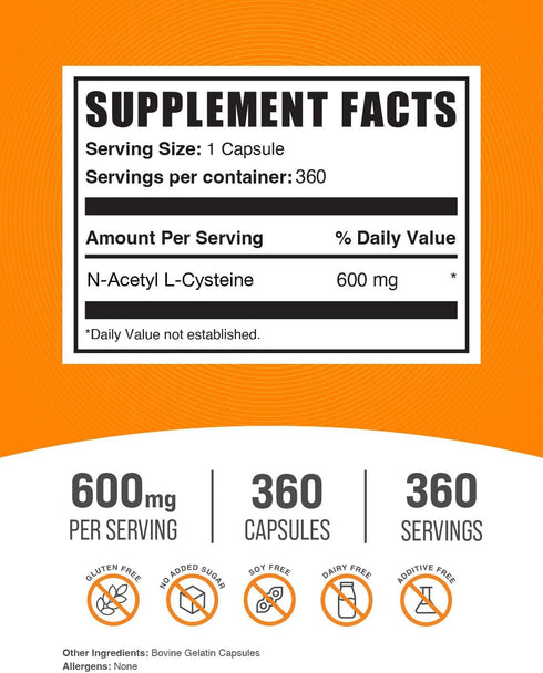 BulkSupplements.com N-Acetyl L-Cysteine Capsules - N-Acetyl Cysteine 600mg, NAC Supplement - 600mg per Capsule, Gluten Free - 1 NAC Capsule per Se...
