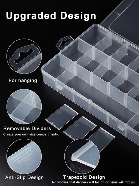 iBune 18 Grids Large Plastic Compartment Container, Bead Storage Organizer Box Case with Adjustable Removable Dividers for Jewelry Craft Tackles T...