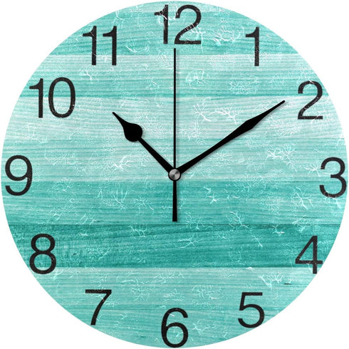 senya Teal Turquoise Green Wood Round Wall Clock, Silent Non Ticking Oil Painting Decorative for Home Office School Clock Art...