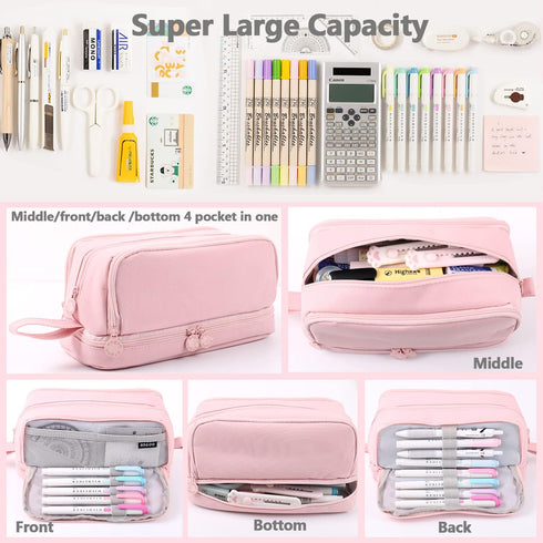 Large Capacity Pencil Case 4 Compartments, Pencil Case with Zipper Portable Handle, Aesthetic Pencil Case Stationery Organizer for Office College ...