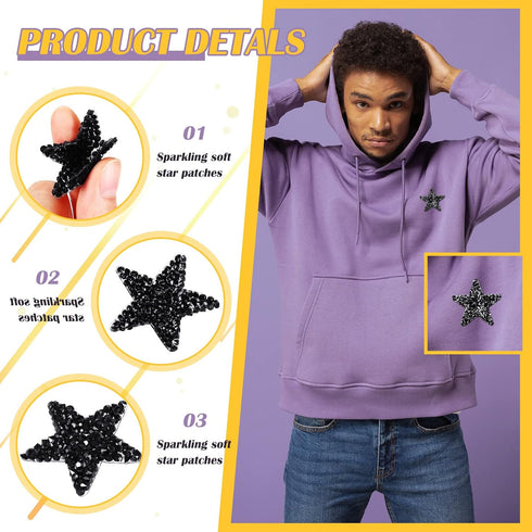 Syhood 24 Pieces Star Patches Iron on Rhinestone Adhesive Sequin Glitter Star Patches Appliques for Clothing Jeans Repair Decoration(1.57 Inch,Bla...