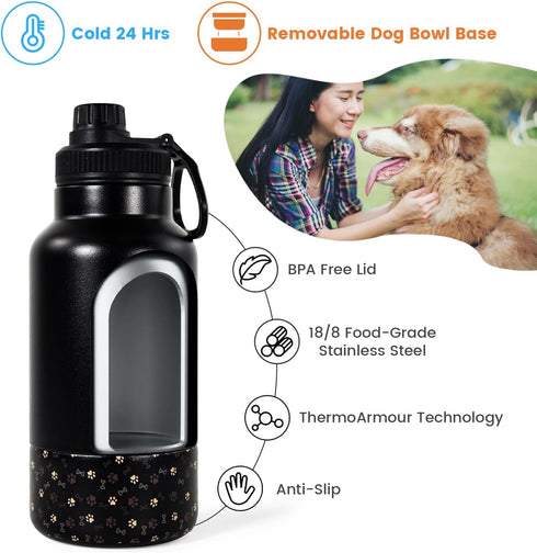 AGH Dog Water Bottle, 32oz Portable Dog Water Bottle with Detachable Bowl Food Feeding, Double Wall Vacuum Flask Stainless Steel Dog Travel Water ...