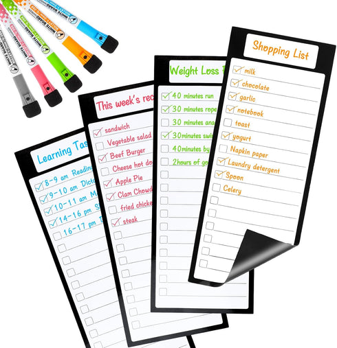 4Pcs Magnetic Note Pads, 4"x12" Memo Grocery List Whiteboard for Fridge, Shopping to Do List with 5 Markers and Eraser for Home Kitchen...