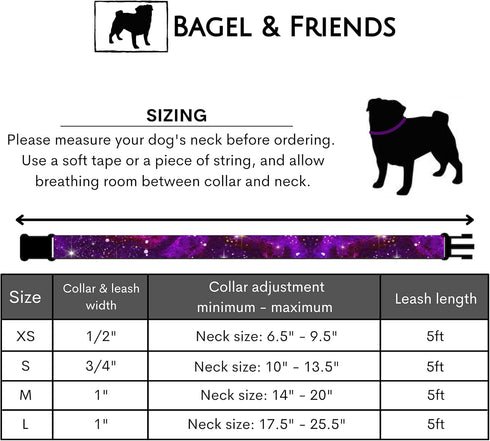 Bagel & Friends Matching Dog Collar & Leash Set XSmall, Small, Medium, Large for boy, Male, Female, Girl Dogs and Puppy (Large, Purple Galaxy)...