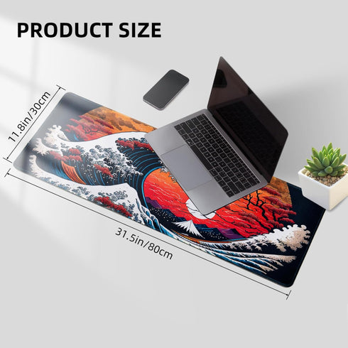 Japanese Sea Waves Large Gaming Mouse Pad for Desk, Desk Mat with Seamed Edges, Waterproof Desk Pad, Non-Slip Rubber Base, 31.5x11.8 Inch Keyboard...