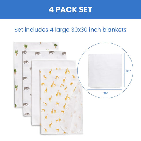 Delta Children 100% Cotton Flannel Baby Receiving Blankets for Girls and Boys – 30x30 Inches (Pack of 4), Safari Friends...