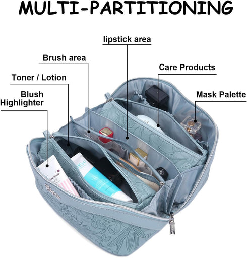 Travel Makeup Bags Cosmetic Organizer Bag: 3-Set Large Capacity Make up Bag - PU Leather Toiletry Bag for Women - Wide Open Portable Pouch with Di...