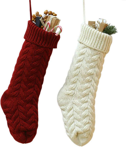 Set of 2 Crochet Knitted Christmas Stockings Large 46CM Red White Cable Knit Christmas Stockings Hanging Decorations for Home New Year Party Xmas ...