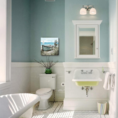 Bathroom Wall Art Coastal Décor Nautical Boat on Beach Canvas Picture Ocean Seagull Seascape Canvas Print Sea Bird Farmhouse Artwork for Seashore ...