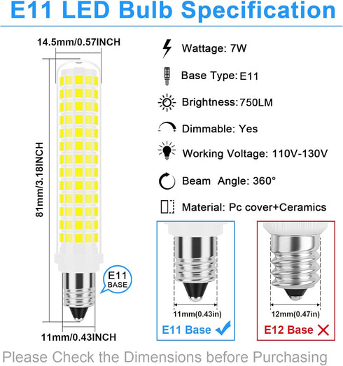 TAIYALOO E11 LED Bulb 75W Halogen Bulbs Equivalent,T4 Mini Candelabra LED Bulb Dimmable,Daylight White 6000K,7W 750LM JDE11 120V 75W LED for Ceili...