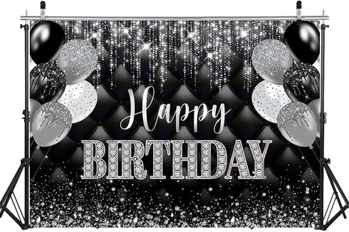 Black Silver Happy Birthday Banner Backdrop 7x5FT Black and Silver Party Decorations Silver Glitter Birthday Background for Women Men Birthday Par...