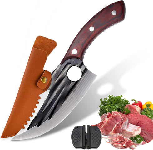 Butcher Chef Knife for Meat Cutting?High Carbon Steel Meat Cleaver Processing,Hand Forged Caveman Viking Knife with Sheath?Outdoor BBQ Camping Kni...