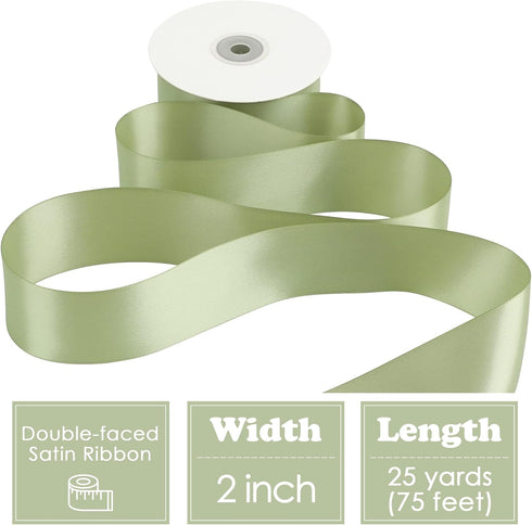 HUIHUANG Sage Green Ribbon 2 inch Double Face Green Satin Ribbon for Flower Bouquet Wrap, Dusty Sage Silk Satin Ribbon for Wedding Invitations, Gi...