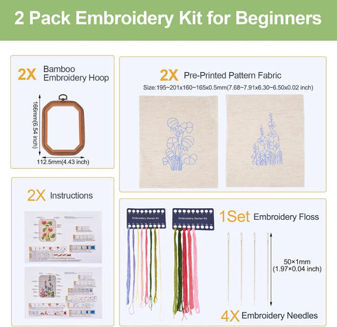 Magibeads 2 Sets Flower Patterns Embroidery Starter Kit for Beginners Hand Embroidery Kit with Embroidery Hoop Floss Fabric Instruction Cross Stit...