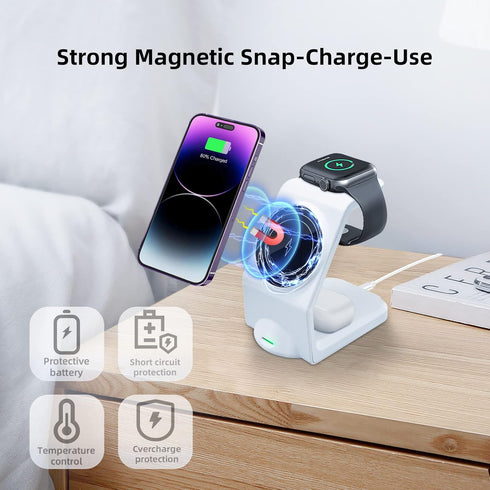 Wireless Charger Charging Station Magnetic 3 in 1 Charging Station for Apple Multiple Devices for Apple -15/14 Pro Max, iWatch Ultra/8/se/7/6/5/4/...