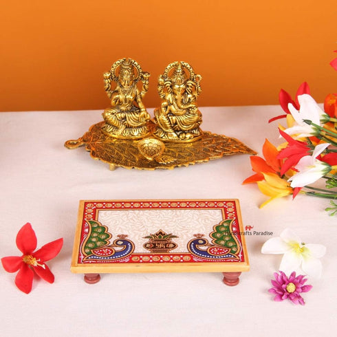 Marble Puja Chowki Rectangle Shape with Peacock Design and Kalash Used to Keep Pooja Items...