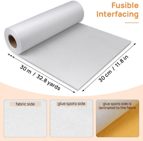 Catephe Medium Weight Interfacing Fabric for Sewing, 11.6" x 32.8yd Iron-On Fusible Interfacing, White Non-Woven Single Sided Apparel Interfacing ...