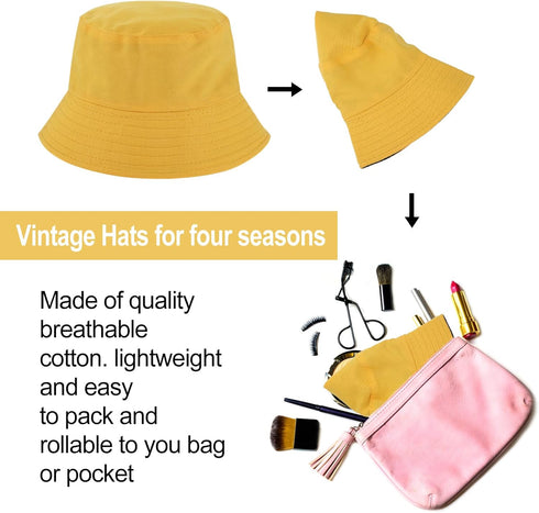 Bucket Hats Reversible, Dual Color Cotton Bucket Hat Foldable Sun Hat...