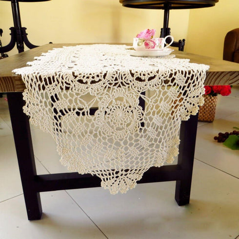 KEPSWET Cotton Handmade Crochet Lace Oval Table Runner Dresser Console Coffee Table TV Stand Decor Beige 14x60 inch...