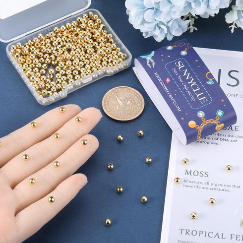 SUNNYCLUE 1 Box 300Pcs Gold Spacer Beads Bulk 4mm Stainless Steel Beads Mini Small Golden Bead Spacers Ball Bead Round Rondelle Seamed Metal Loose...