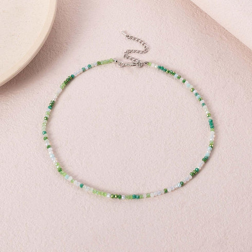 Boho Beads Choker Necklace Green and White Seed Beaded Necklace Dainty Handmade Jewelry for Women Girls Jewelry...
