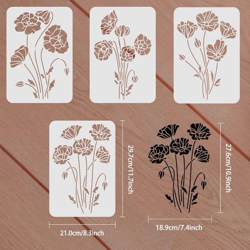 FINGERINSPIRE 4PCS Flower Bouquet Stencil 11.7x8.3 inch Large Wall Stencil Wildflower Stencils Bouquet Painting Stencils, Plastic Field Flower Cra...