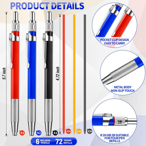 12 Pcs Welders Pencil with 36Pcs Silver Round Refills, Mechanical Pencils Metal Marker with Built-in Sharpener for Pipe Fitter Welder Steel Constr...