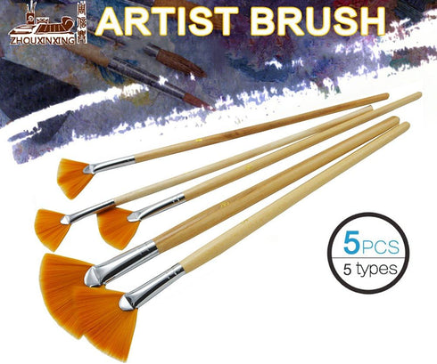 5Pcs/Set,Fan-Shaped Nylon Hair Short Wood Rod Brush Painting Drawing Supplies...