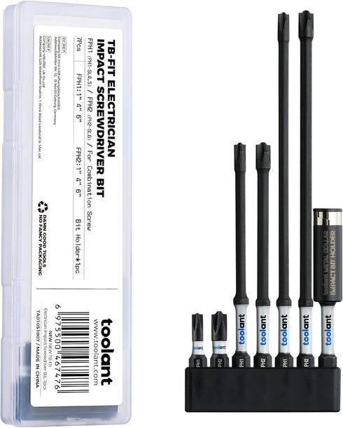 toolant 7pcs TB-Fit Electrician Impact Screwdriver Bit Set, 1/4” Hex-Shank S2 Steel, CNC Machined Tips with Magnetism, FPH1?PH1-SL4.5?FPH2?PH2-SL6...
