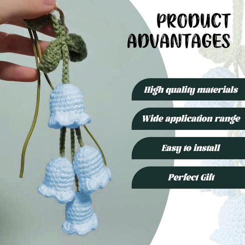 Car Mirror Hanging, Cute Flower Car Rear View Mirror Accessories, Handmade Knitted Rear View Mirror Pendant, Rearview Mirror Pendant Ornament (Blu...