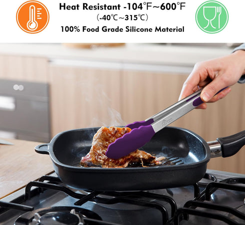 HOTEC Premium Stainless Steel Locking Kitchen Tongs with Silicon Tips, Set of 2-9" and 12" (Purple)...