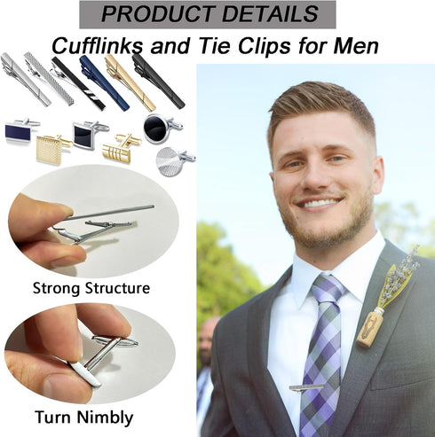 CASDAN Men's Cufflinks and Tie Clips Set for Men Classic Tie Bar Clip Necktie Clip Tuxedo Shirt Cuff Links Set for Wedding Business and Daily...