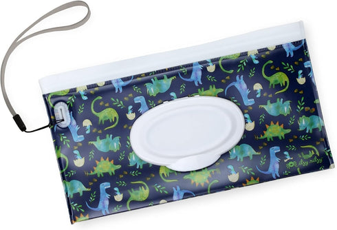 Itzy Ritzy Travel Wipes Case - Reusable Wipe Pouch – Take & Travel Pouch Holds Up to 30 Wet Wipes, Includes Silicone Wristlet Strap, Raining Dinos...
