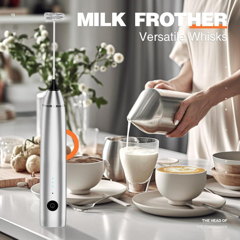 Milk Frother Rechargeable Handheld Electric Whisk Coffee Frother Mixer with 3 Stainless whisks 3 Speed Adjustable Foam Maker Blender for Coffee Ma...