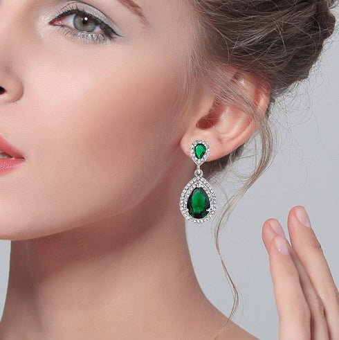EVER FAITH Women's Austrian Crystal Cubic Zirconia Tear Drop Dangle Earrings Emerald Color Silver-Tone...