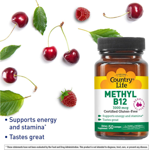 Country Life Methyl B-12 3000 mcg Lozenges, Vegan, Methylcobalamin for Energy and, Easily Absorbed, B12 Vitamin, Supports Energy Levels, Stamina &...