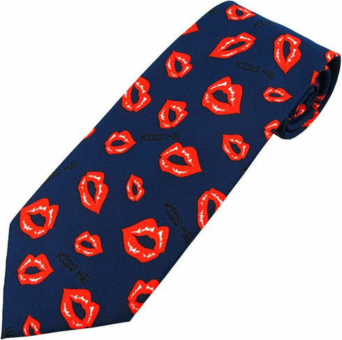 Men's Happy Valentine's Day Kiss Me Lips Regular Length Neck Tie - Navy Blue...