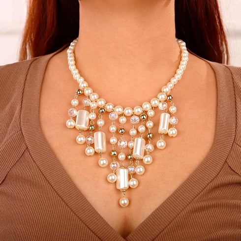 2PCS Women Statement Faux Pearl Necklaces Chunky Collar Bib Choker Necklace and Earrings Multi Strand Pearl Necklace 1920s Costume Jewelry for Wom...