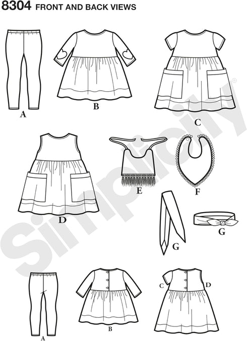 Simplicity US8304A Baby Gear Toddler's Leggings, Dress, Bibs, and Headband Sewing Patterns, Sizes XXS-L...