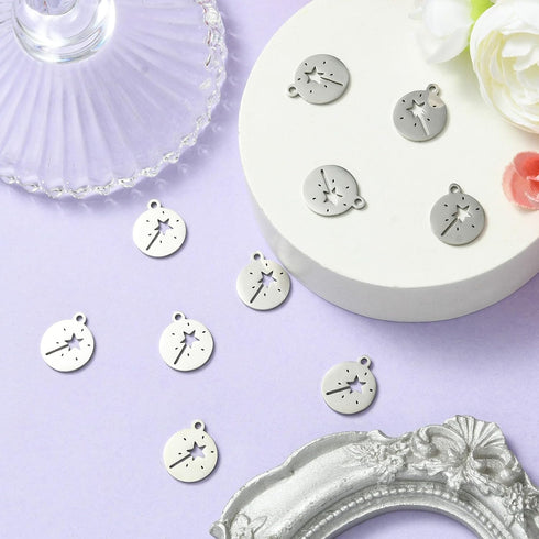 LiQunSweet 20 Pcs Flat Round with Star Magic Stick Charms Hollow Fairy Tale Wand Charms for DIY Necklace Bracelet Jewelry Making Supplies...