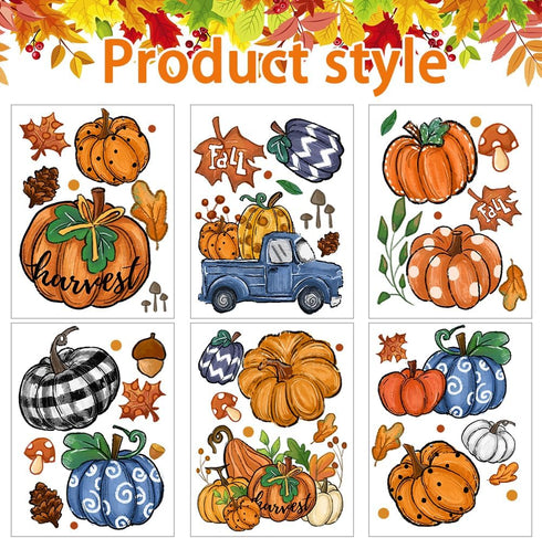 6 Sheets Fall Window Clings Double-Sided Window Stickers with Orange Maple Leaves Pumpkins Blue Truck Thanksgiving Window Decals for Autumn Home H...