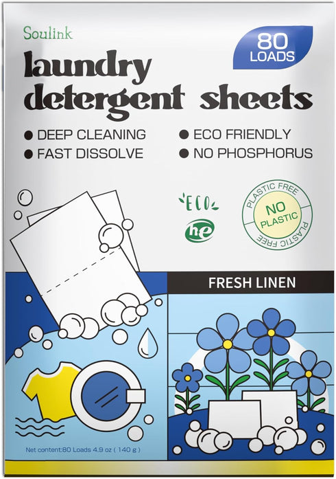 Soulink Laundry Detergent Sheets Up to 80 Loads, Eco Friendly Detergent Strips for Travel & Home - No Plastic Jug Soap sheets, Plant-based, Hypoal...