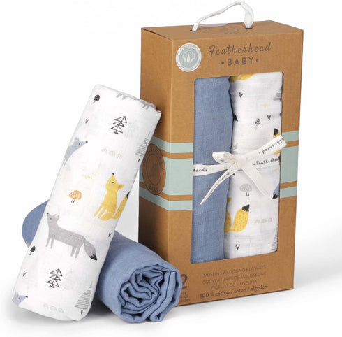 Featherhead™ 2-Pack 100% Cotton Muslin Swaddle Blankets for Baby Boy - Large 47”x 47” - Pre-Washed, Soft, & Breathable - Newborn Essential & Perfe...